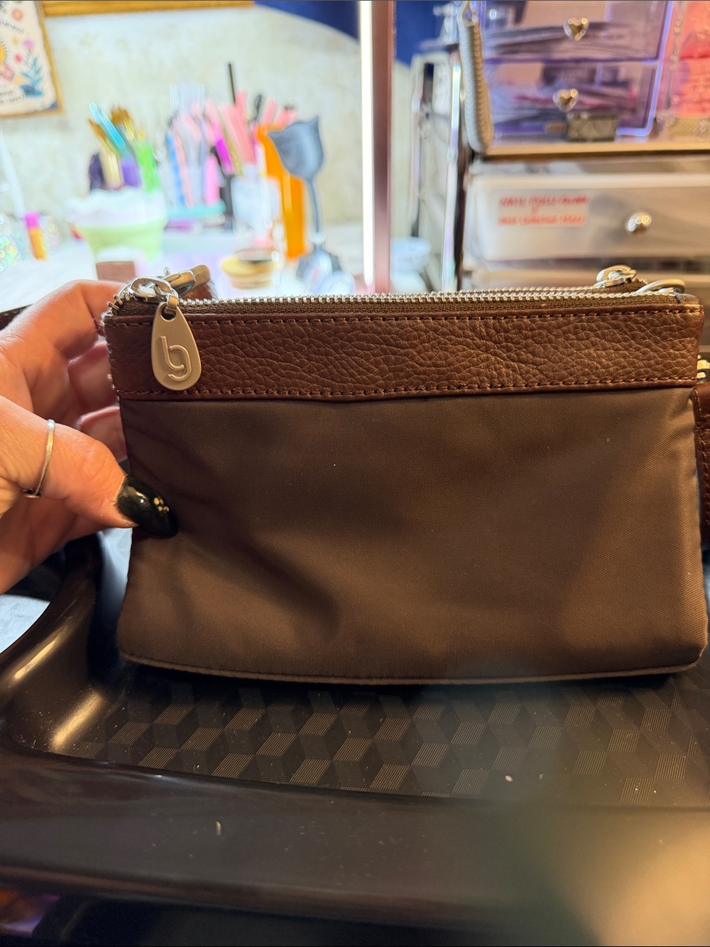 Brown Wristlet Pouch with Leather Trim